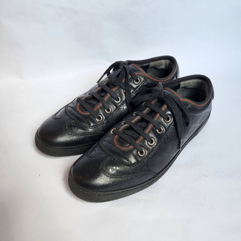 Gucci Guccissima Web Sneakers Black Leather & Coated Canvas Trainers 38.5